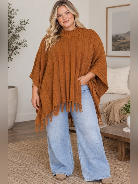 Ultra Flirt Sweaters - Ultra Flirt Rust Fringe Knit Poncho Sweater